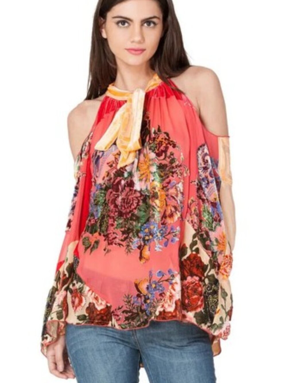 Hale Bob Velvet Burnout Orange/Beige/Green Floral Top Size S